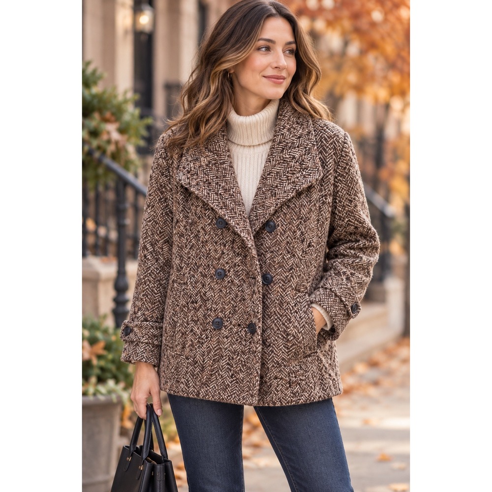Preston & York Petite 16P Brown Herringbone Tweed Wool Blend Pea Coat Jacket